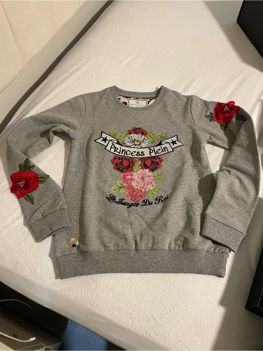 Philipp Plein Grey Sweatshirt with Red Floral Appliqués